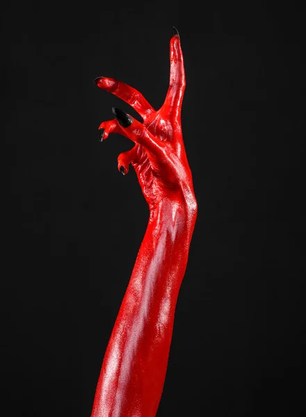 Mãos do Diabo Vermelho, mãos vermelhas de Satanás, tema de Halloween, fundo preto, isolado — Fotografia de Stock