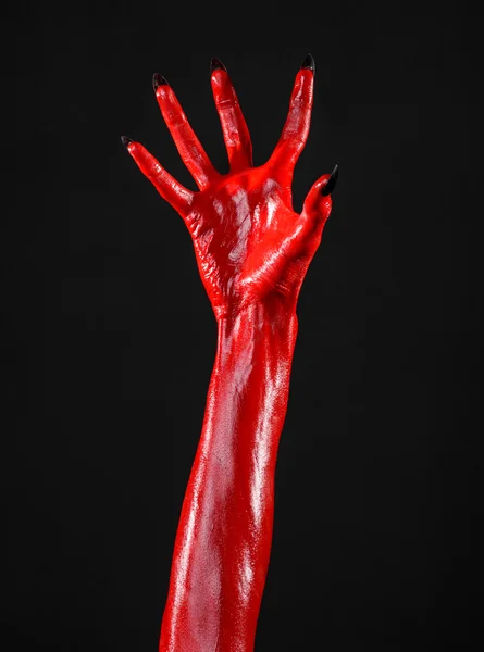 Mãos do Diabo Vermelho, mãos vermelhas de Satanás, tema de Halloween, fundo preto, isolado — Fotografia de Stock