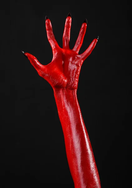 Mãos do Diabo Vermelho, mãos vermelhas de Satanás, tema de Halloween, fundo preto, isolado — Fotografia de Stock