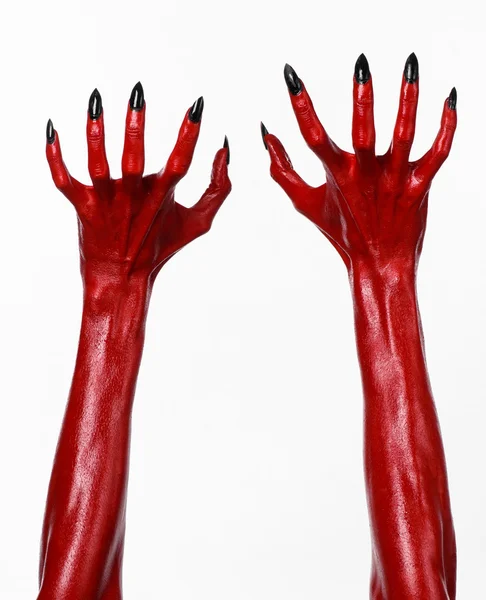 Manos del diablo rojo, manos rojas de Satanás, tema de Halloween, fondo blanco, aislado — Foto de Stock