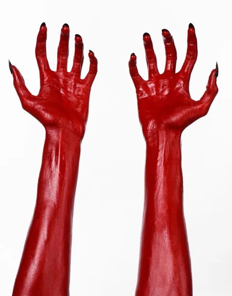 Red Devils händer, röda händer av Satan, Halloween tema, vit bakgrund, isolerade — Stockfoto