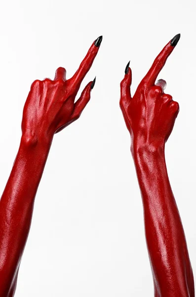 Mani del Diavolo Rosso, mani rosse di Satana, tema di Halloween, sfondo bianco, isolato — Foto Stock