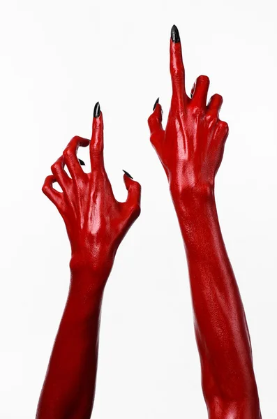 Red Devil's hands, red hands of Satan, Halloween theme, white background, isolated — Stock Photo, Image