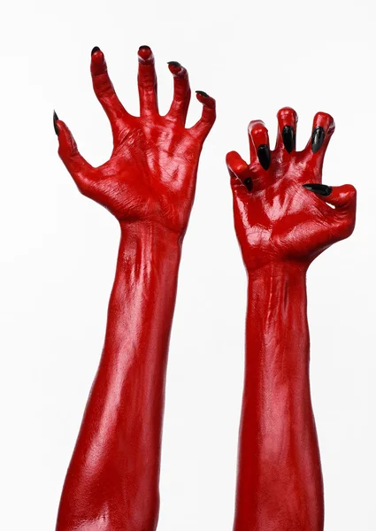 Mani del Diavolo Rosso, mani rosse di Satana, tema di Halloween, sfondo bianco, isolato — Foto Stock