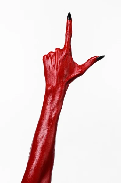 赤い悪魔、赤い手、サタンのハロウィーンのテーマは、白い背景の分離 — ストック写真