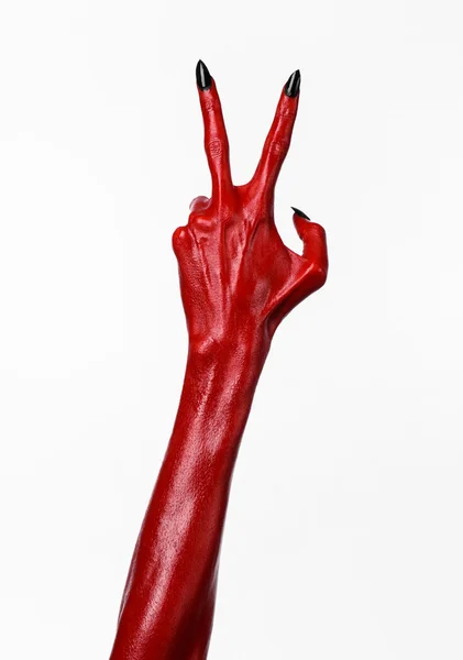 Mãos do Diabo Vermelho, mãos vermelhas de Satanás, tema de Halloween, fundo branco, isolado — Fotografia de Stock