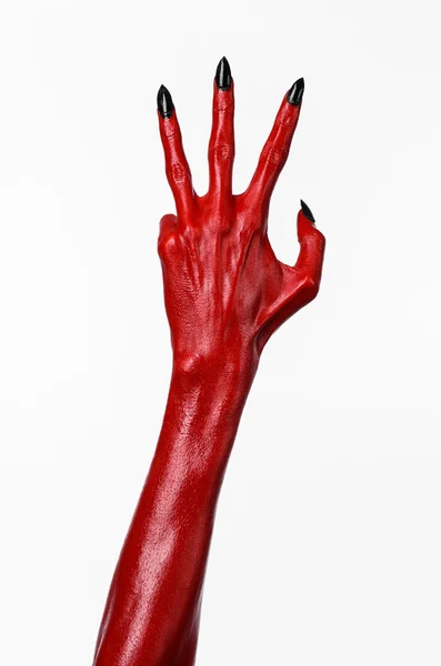 Mãos do Diabo Vermelho, mãos vermelhas de Satanás, tema de Halloween, fundo branco, isolado — Fotografia de Stock