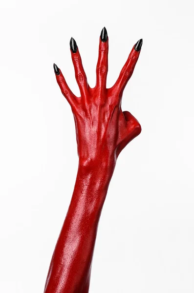 Manos del diablo rojo, manos rojas de Satanás, tema de Halloween, fondo blanco, aislado —  Fotos de Stock