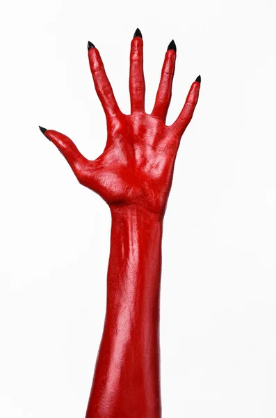 Mãos do Diabo Vermelho, mãos vermelhas de Satanás, tema de Halloween, fundo branco, isolado — Fotografia de Stock