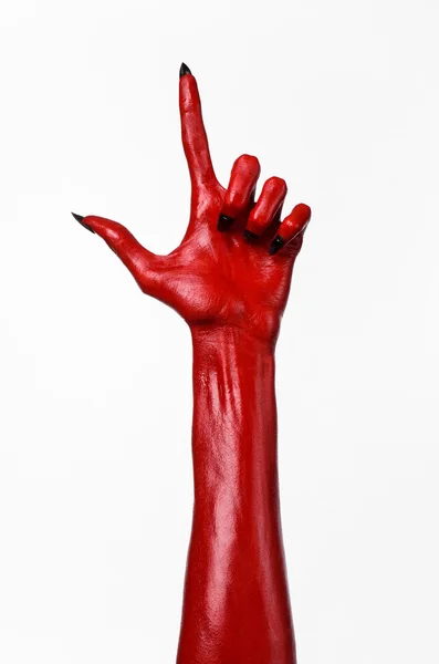 Mãos do Diabo Vermelho, mãos vermelhas de Satanás, tema de Halloween, fundo branco, isolado — Fotografia de Stock