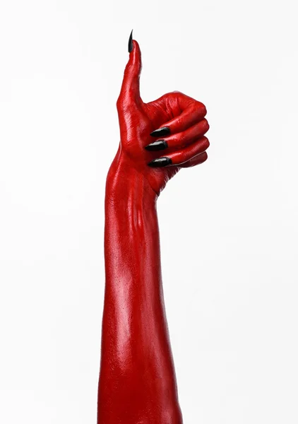 붉은 악마의 손에, 빨간색의 손에 사단, 할로윈 테마, 흰색 배경, 절연 — 스톡 사진