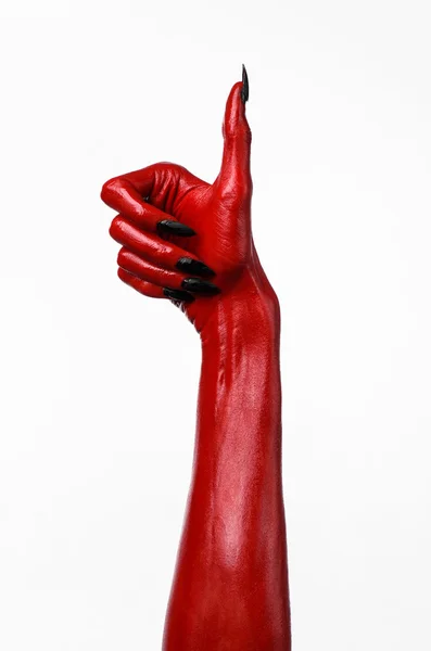 Red Devil's hands, red hands of Satan, Halloween theme, white background, isolated — Stock Photo, Image