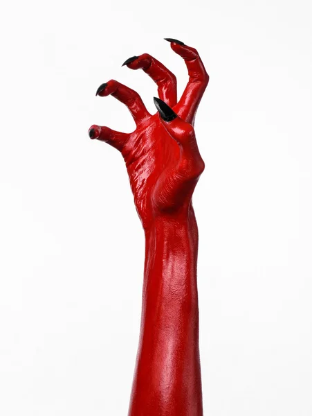 Mani del Diavolo Rosso, mani rosse di Satana, tema di Halloween, sfondo bianco, isolato — Foto Stock