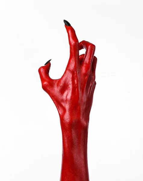 Manos del diablo rojo, manos rojas de Satanás, tema de Halloween, fondo blanco, aislado — Foto de Stock