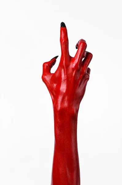 Mani del Diavolo Rosso, mani rosse di Satana, tema di Halloween, sfondo bianco, isolato — Foto Stock