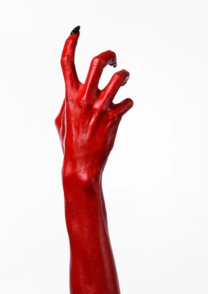 Mani del Diavolo Rosso, mani rosse di Satana, tema di Halloween, sfondo bianco, isolato — Foto Stock