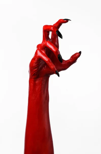 Rote Hände des Teufels, rote Hände satans, Halloween-Thema, weißer Hintergrund, isoliert — Stockfoto