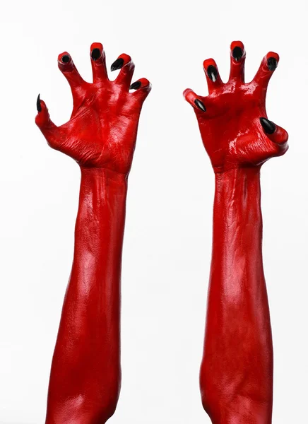 Mani del Diavolo Rosso, mani rosse di Satana, tema di Halloween, sfondo bianco, isolato — Foto Stock