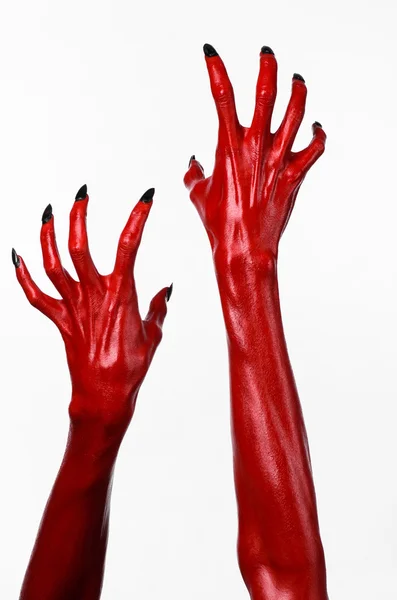 Mani del Diavolo Rosso, mani rosse di Satana, tema di Halloween, sfondo bianco, isolato — Foto Stock