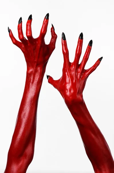 Mãos do Diabo Vermelho, mãos vermelhas de Satanás, tema de Halloween, fundo branco, isolado — Fotografia de Stock