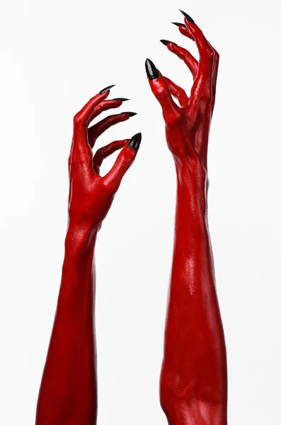 Halloween Tema, beyaz arka plan, izole kırmızı şeytan'ın eller, kırmızı eller şeytanın — Stok fotoğraf