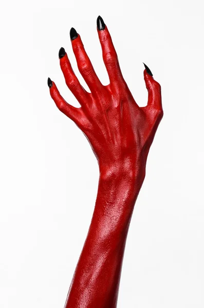 Vörös ördög kezében, vörös kéz a Sátán, Halloween téma, fehér háttérrel, elszigetelt — Stock Fotó
