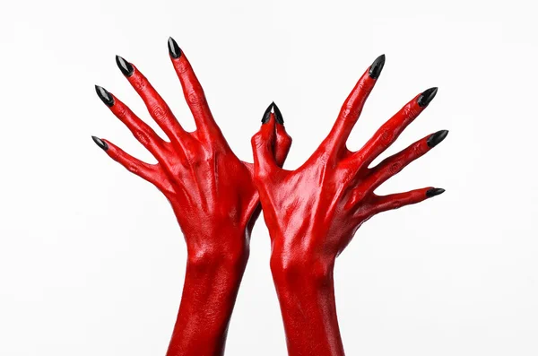 Mani del Diavolo Rosso, mani rosse di Satana, tema di Halloween, sfondo bianco, isolato — Foto Stock