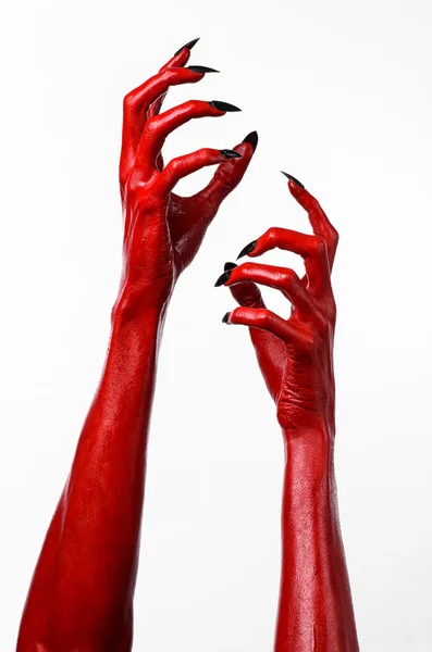 Mains du diable rouge, mains rouges de Satan, thème d'Halloween, fond blanc, isolé — Photo