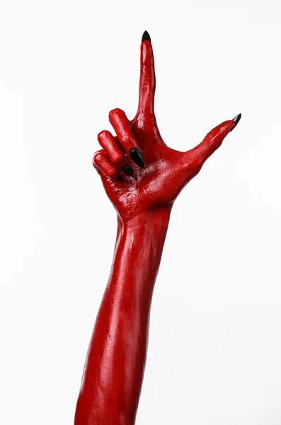 Mãos do Diabo Vermelho, mãos vermelhas de Satanás, tema de Halloween, fundo branco, isolado — Fotografia de Stock