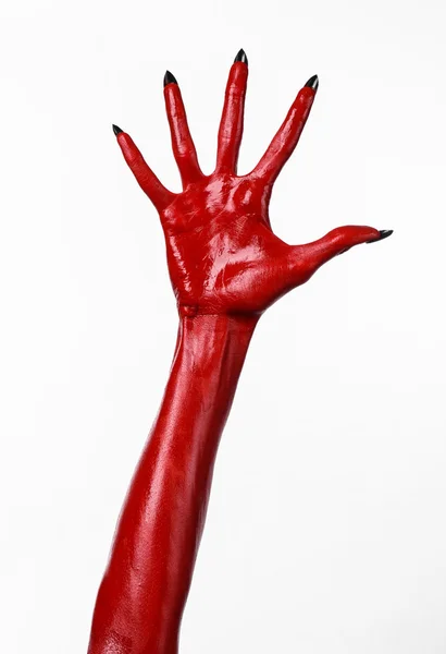 Mãos do Diabo Vermelho, mãos vermelhas de Satanás, tema de Halloween, fundo branco, isolado — Fotografia de Stock