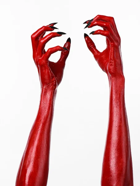 Red Devil ruce, červené ruce Satana, Halloween téma, bílé pozadí, izolované — Stock fotografie