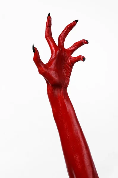 Mãos do Diabo Vermelho, mãos vermelhas de Satanás, tema de Halloween, fundo branco, isolado — Fotografia de Stock