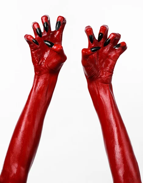 Mani del Diavolo Rosso, mani rosse di Satana, tema di Halloween, sfondo bianco, isolato — Foto Stock