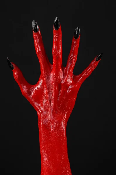 Mãos do Diabo Vermelho, mãos vermelhas de Satanás, tema de Halloween, fundo preto, isolado — Fotografia de Stock