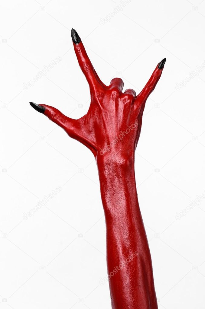 Red Devil's hands, red hands of Satan, Halloween theme, white background, isolated