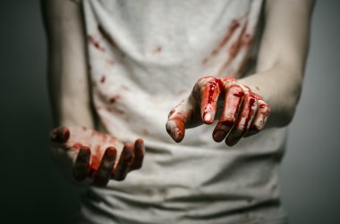 Kanlı Tema yalnız katil: katil kanlı eller ve depresyon ve ağrı karşılaşan gösterir