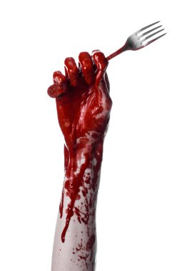 tutan bir kaşık, çatal, halloween Tema, kanlı kaşık, çatal, beyaz arka plan, izole kanlı el