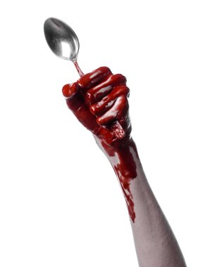 tutan bir kaşık, çatal, halloween Tema, kanlı kaşık, çatal, beyaz arka plan, izole kanlı el