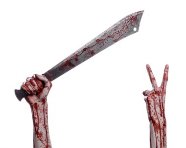 Halloween Tema: beyaz bir arka plan üzerinde kanlı pala tutan el