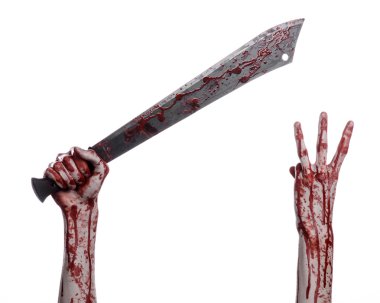 Halloween theme: hand holding a bloody machete on a white background clipart