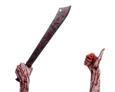 Halloween Tema: beyaz bir arka plan üzerinde kanlı pala tutan el