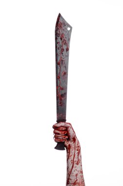Halloween Tema: beyaz bir arka plan üzerinde kanlı pala tutan el