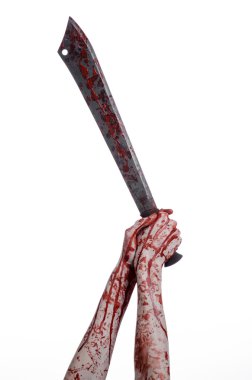 Halloween Tema: beyaz bir arka plan üzerinde kanlı pala tutan el