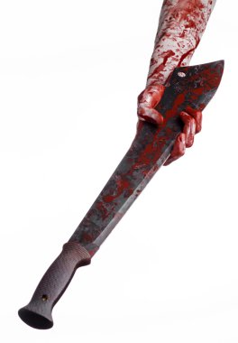 Halloween Tema: beyaz bir arka plan üzerinde kanlı pala tutan el