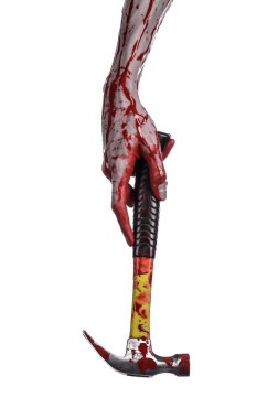 Kanlı halloween Tema: beyaz bir arka plan üzerinde izole kanlı çekiç tutan kanlı el