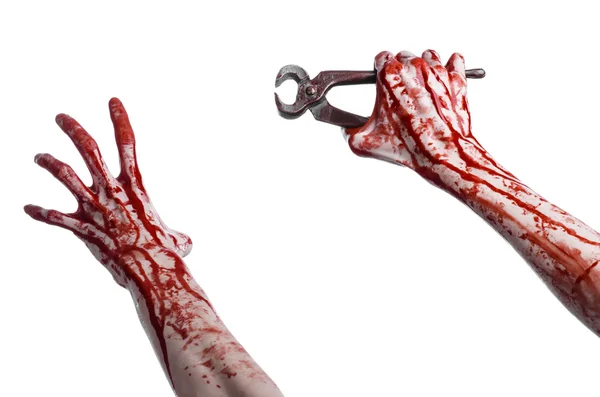 Halloween theme: bloody hand holding a pliers on a white background — Stock Photo, Image
