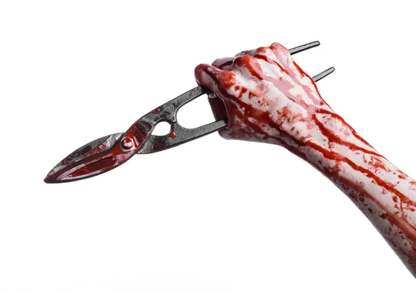 Halloween theme: bloody hand holding a big old bloody scissors on a white background — Stock Photo, Image