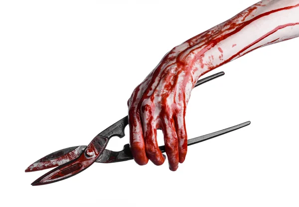 Halloween theme: bloody hand holding a big old bloody scissors on a white background — Stock Photo, Image