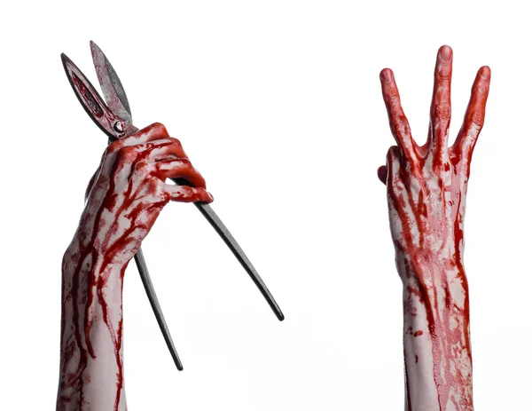 Halloween theme: bloody hand holding a big old bloody scissors on a white background — Stock Photo, Image