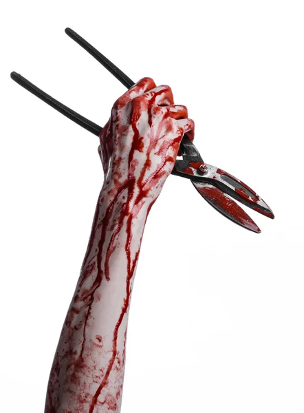 Halloween theme: bloody hand holding a big old bloody scissors on a white background — Stock Photo, Image